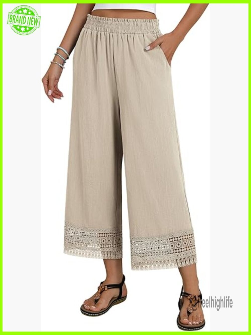 High Waisted Wide Leg Palazzo Pants Cropped Lace Trim Lounge Pants with Pockets